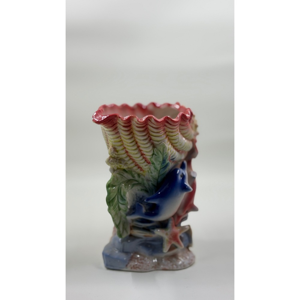 Vintage Ceramic Dolphin Seashell Bud Vase Coastal Nautical Figural Decor Multi